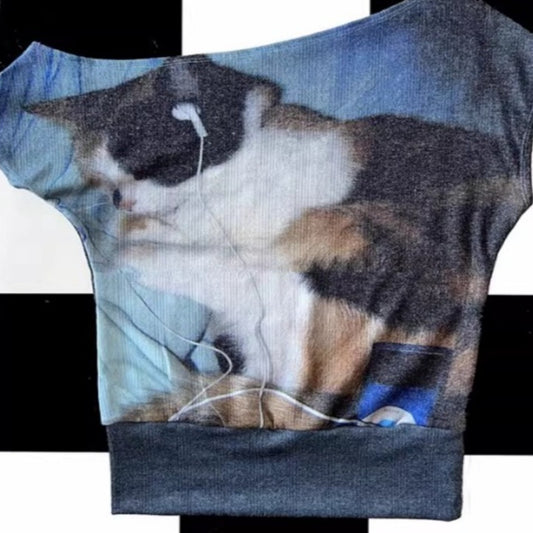 Retro Sassy Calico Cat Print Stretchy Asymmetrical Off-shoulder Short Sleeve