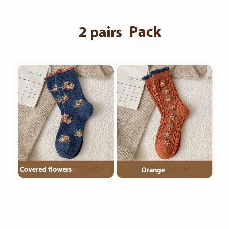 Vintage Small Flower Wool Socks Fleece Lined Padded Warm Keeping Tube Socks