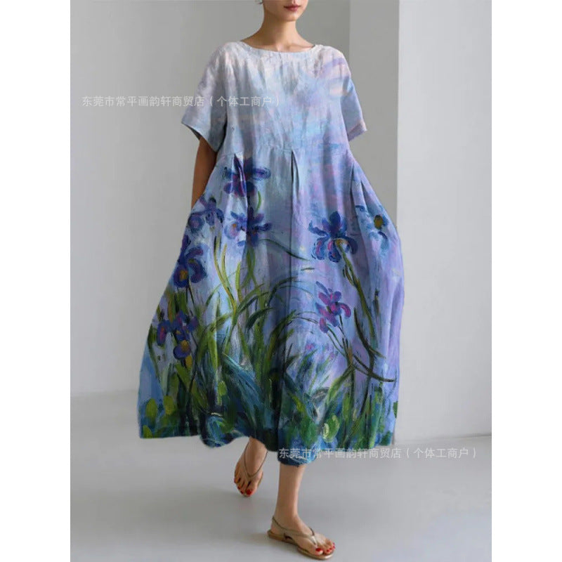 Women's Loose Round Neck Fashion Premium Short Sleeve Printed Dress