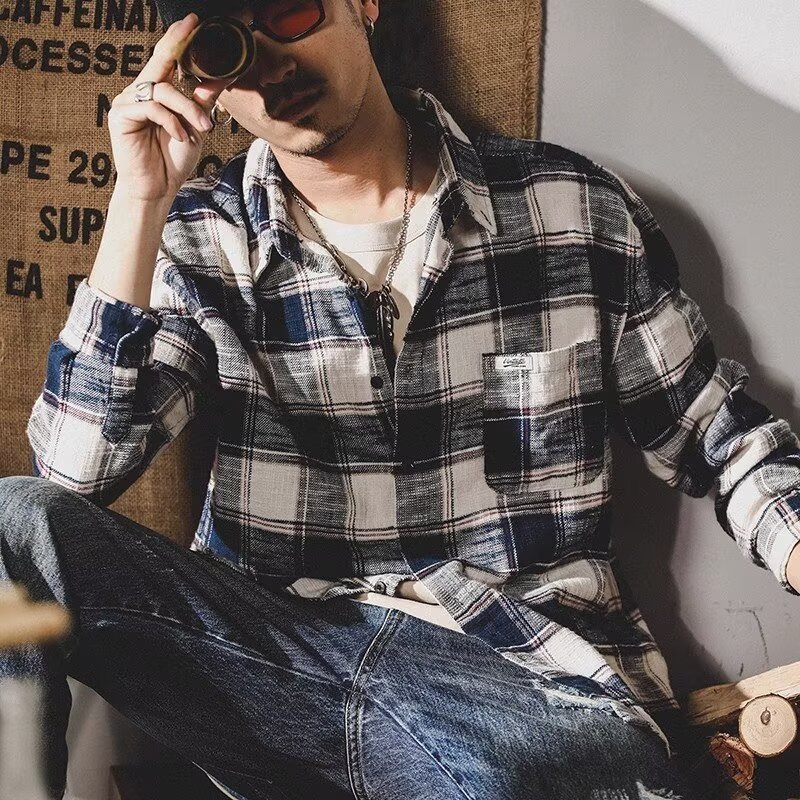 Retro Plaid Shirt Men's Long Sleeve Loose All-matching