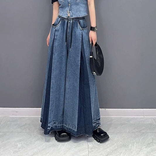 Women's American Street Pleated Wash Contrast Color Jeans