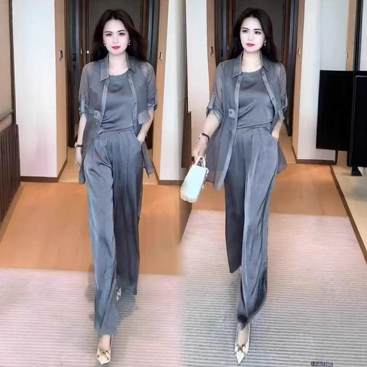 Fashion Women Sun Protection Shirt Wide Leg Pants Casual Three-piece Suit