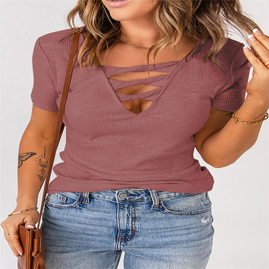 Summer New European And American Women's Clothing Large Size V-neck Pullover Solid Color Slim Short Sleeves