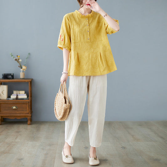 Plus Size Cotton Linen Jacquard Embroidered Loose Top Harem Pants Suit