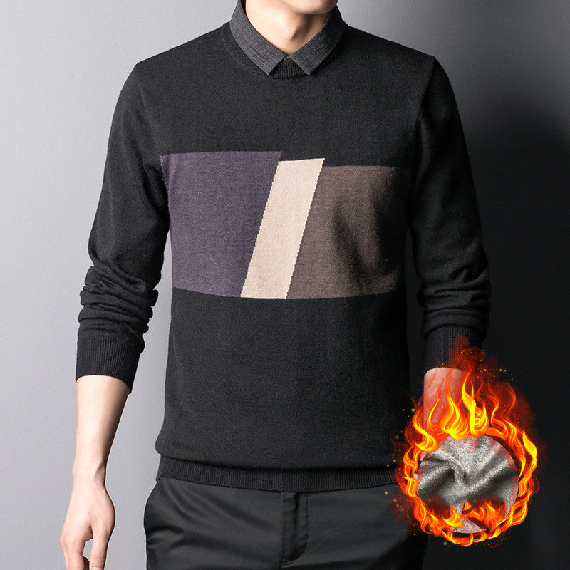 Colorblock Slim Top Fall Winter Men's Shirt Collar Knitwear