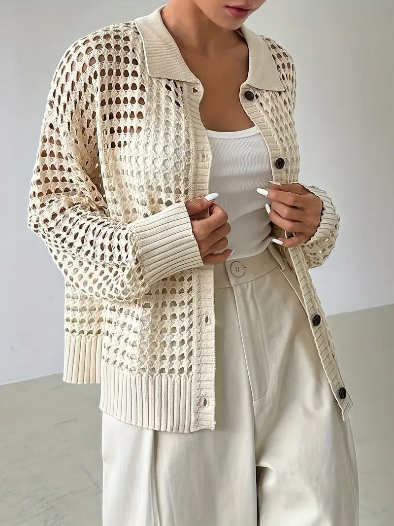 Hollow Single-breasted Lapel Oversized Knit Cardigan