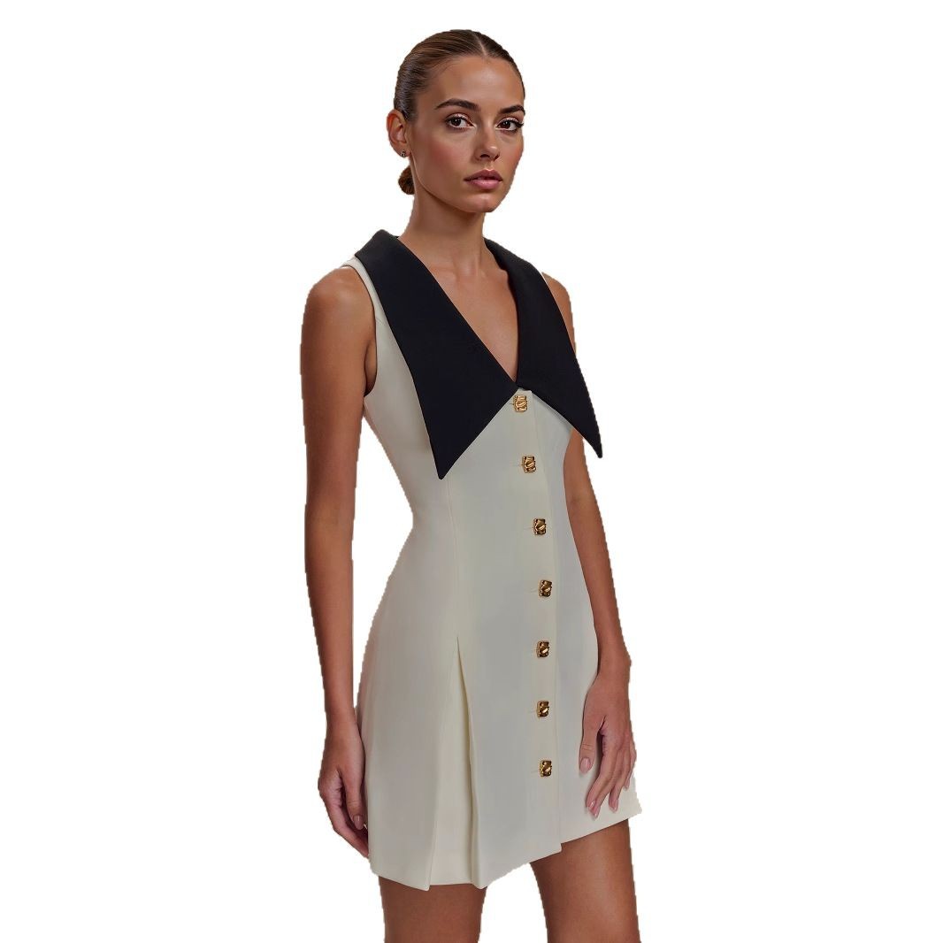Womens Notched-Neck Metal-Button Sleeveless Elegant Waist-Cinching Dress