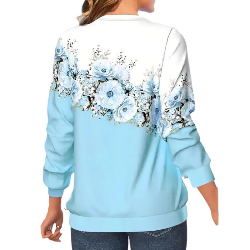 Damebeklædning Rund Hals Langærmet Blomstret 3D-printet Pullover Sweatshirt