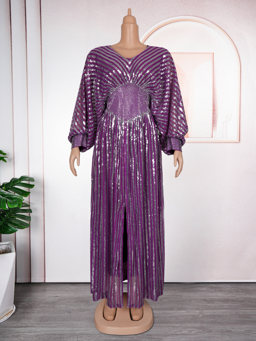 Elegant Sequined V-neck Slim Slit Dress Evening Dress
