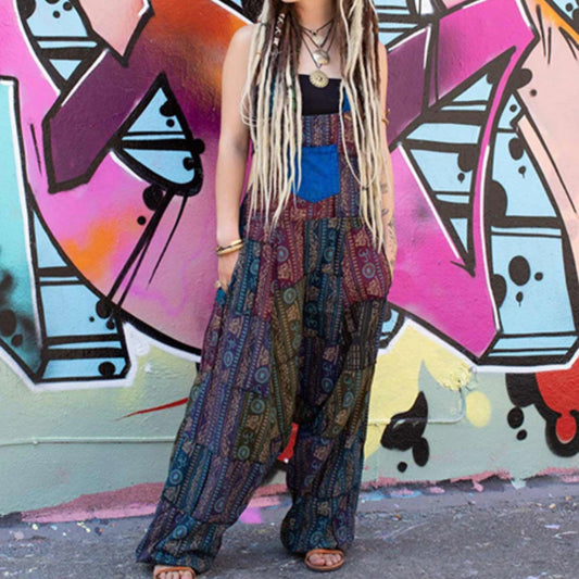 Hippie Stitching Printing Loose-fitting Overalls