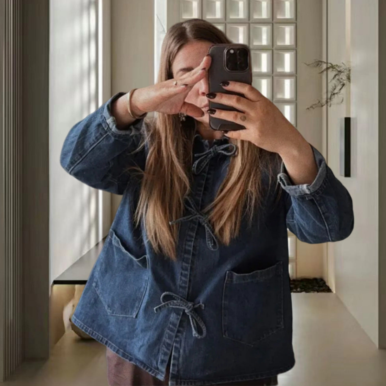 Denim Long Pocket Stand Collar Top