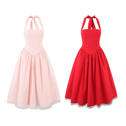 Slim Fit Neck Hanging Collar Lace Up Hard Mesh Dress