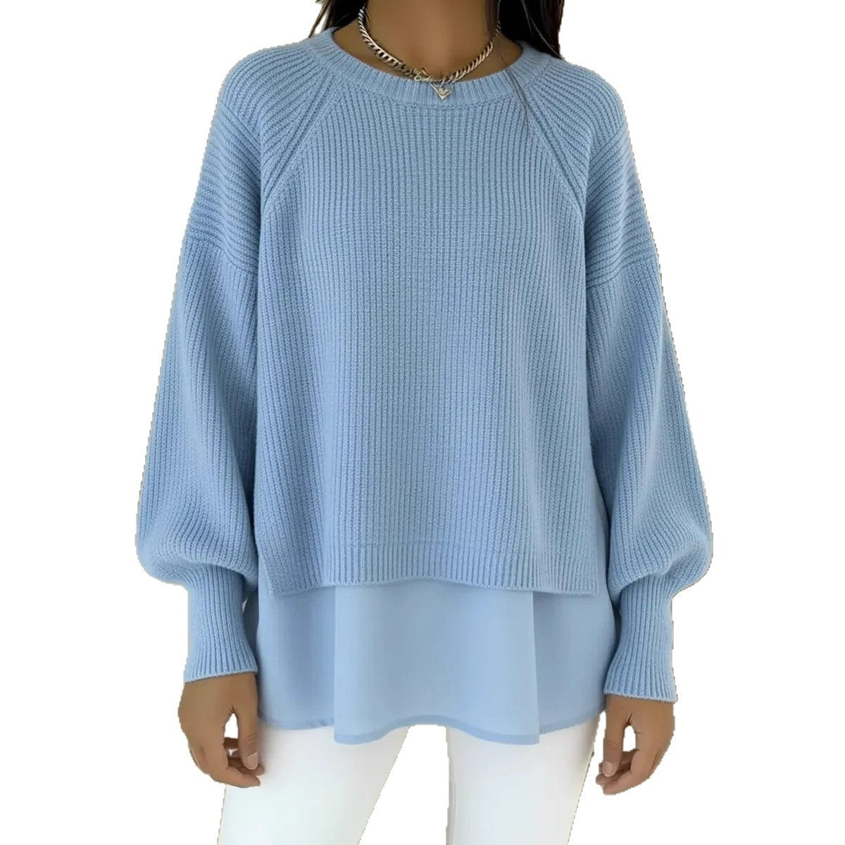 Ensfarvet afslappet crewneck-sweater med chiffonkant og pufærmer