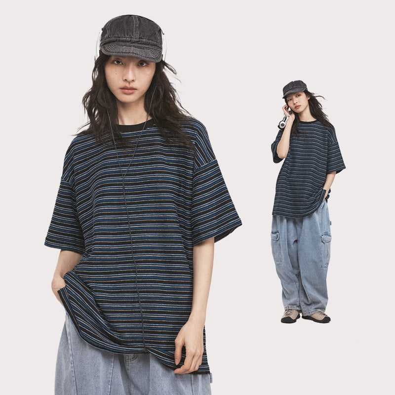 Loose Striped Solid Color Couple Short Sleeve