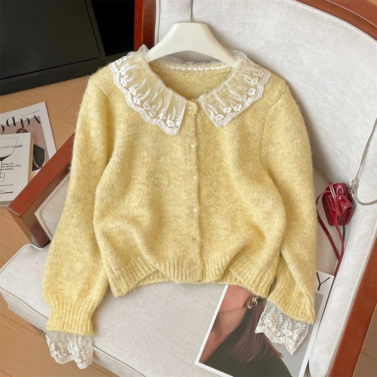 Yellow Lace-patched Soft And Delicate Knit Top