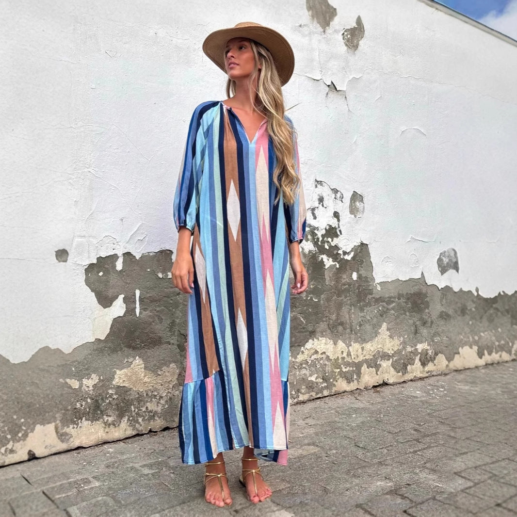 Fashionable Printed Cropped Sleeve Loose Dress