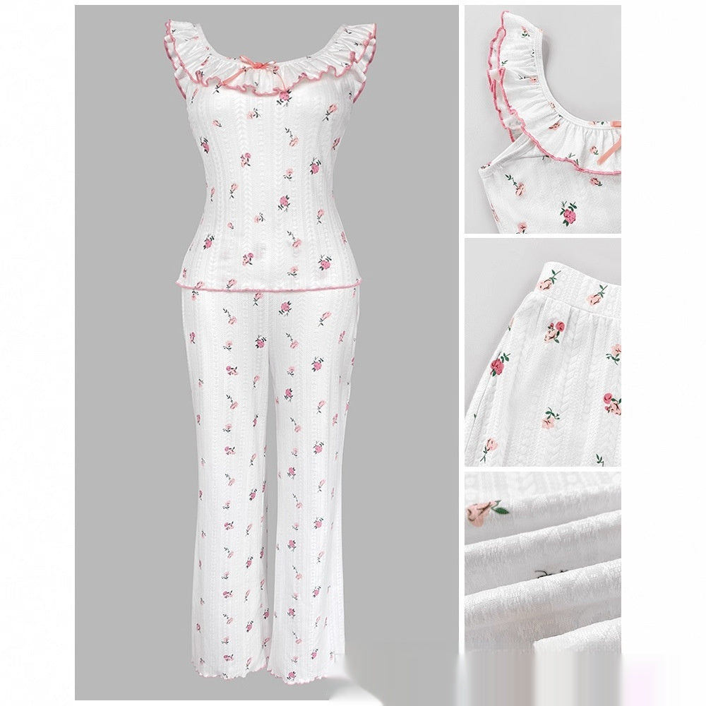 Ruffle Trimmed Sweetheart Neck Sleeveless Top And Pants Two Piece Set