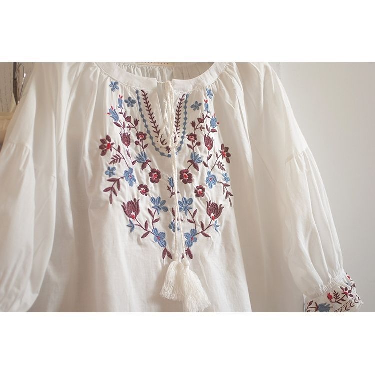 Womens Embroidered Lace-Trimmed Collar Puff-Sleeve TopBlouse
