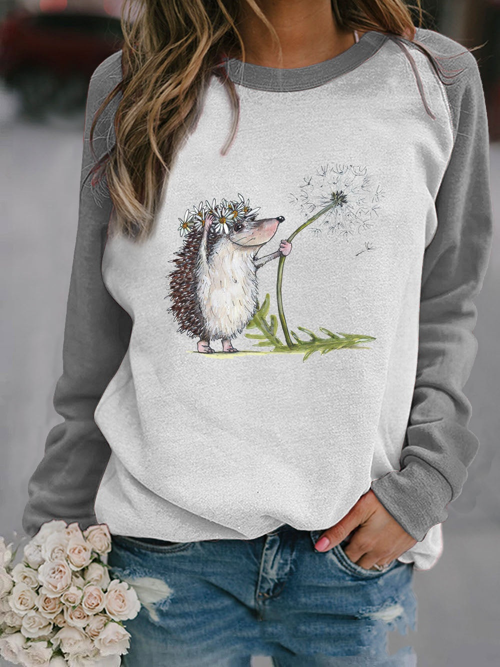 Autumn Animal Graphic Print Crew Neck Raglan Long-sleeved Top