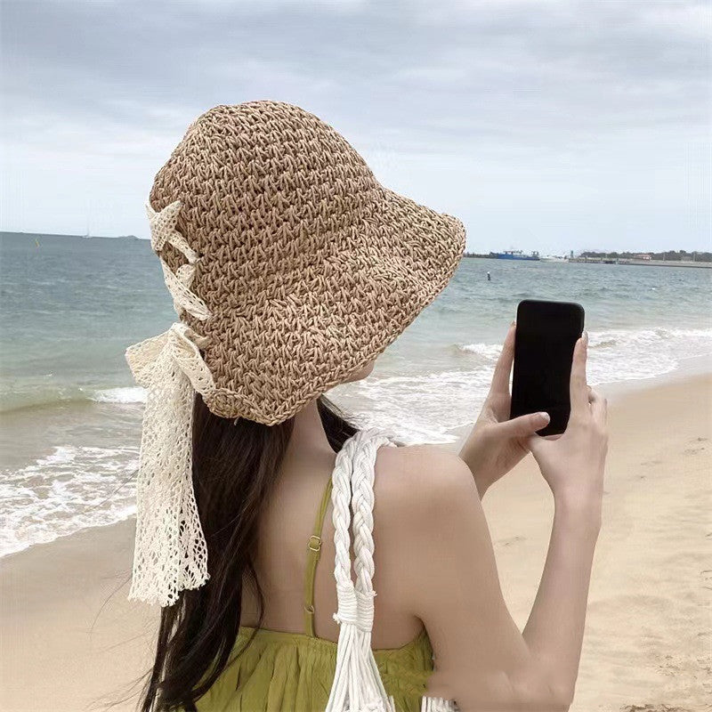 Women's Straw Hat Lace Bow Hollow Handmade
