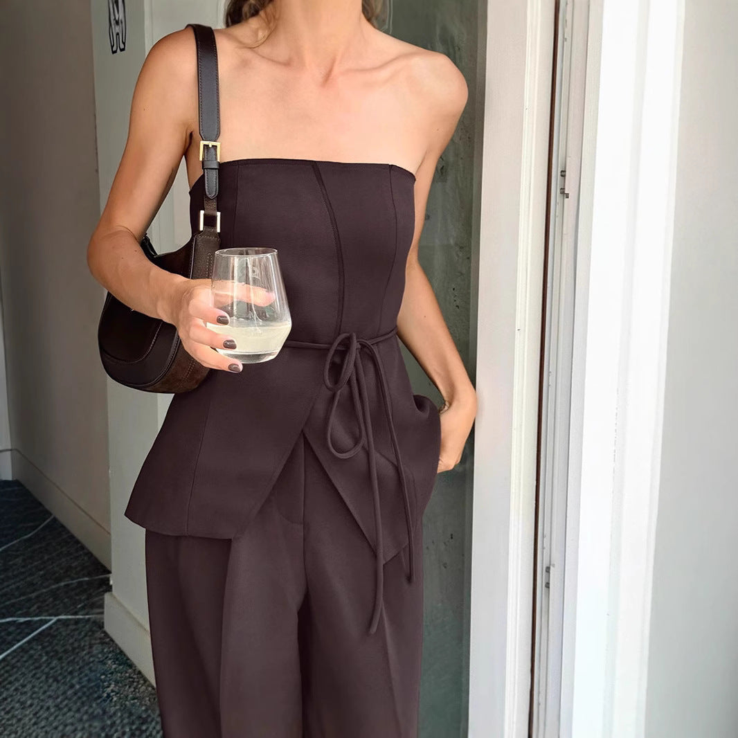 European And American Cross-border Brown Tube Top Wide-leg Pants Two-piece Set Women's Summer Fashion Vest Suit Design Sense Women's Clothing