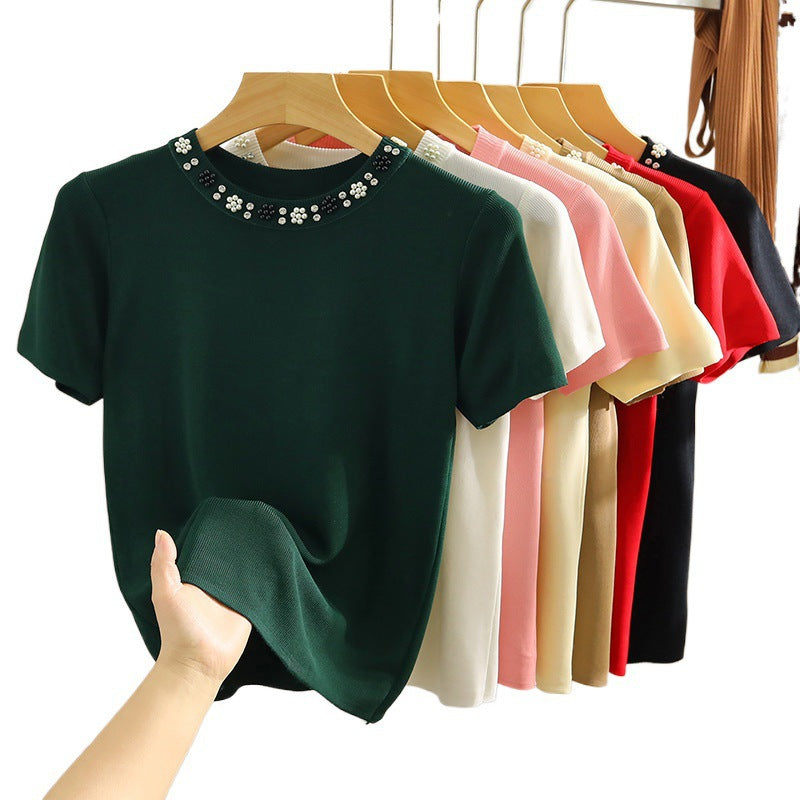 Round Neck Heavy Industry Ice Silk Short Sleeve T-shirt Female Spring And Summer Elegant Knitwear