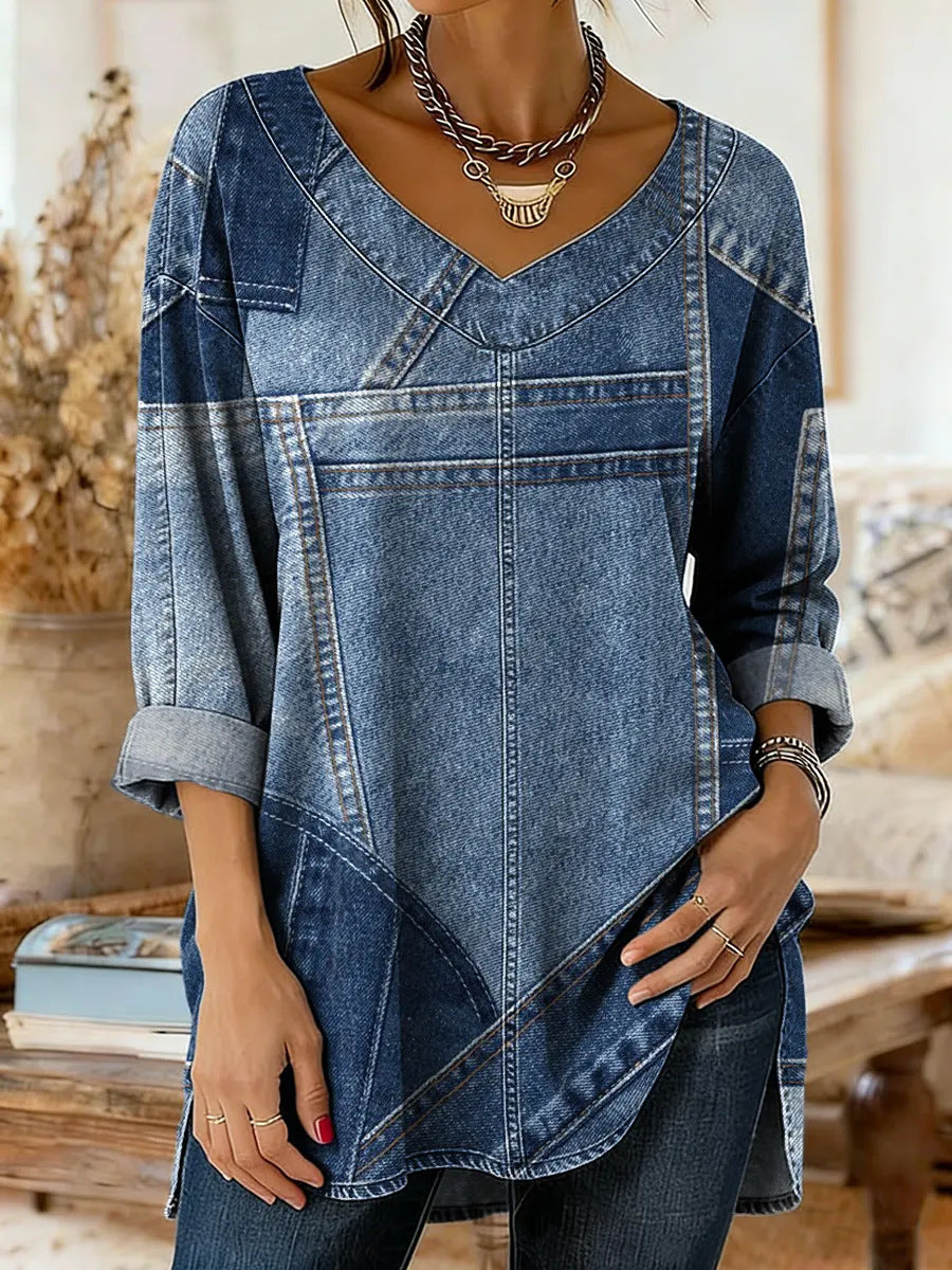 Retro Botanical Print Relaxed-fit Long-sleeve Casual Top