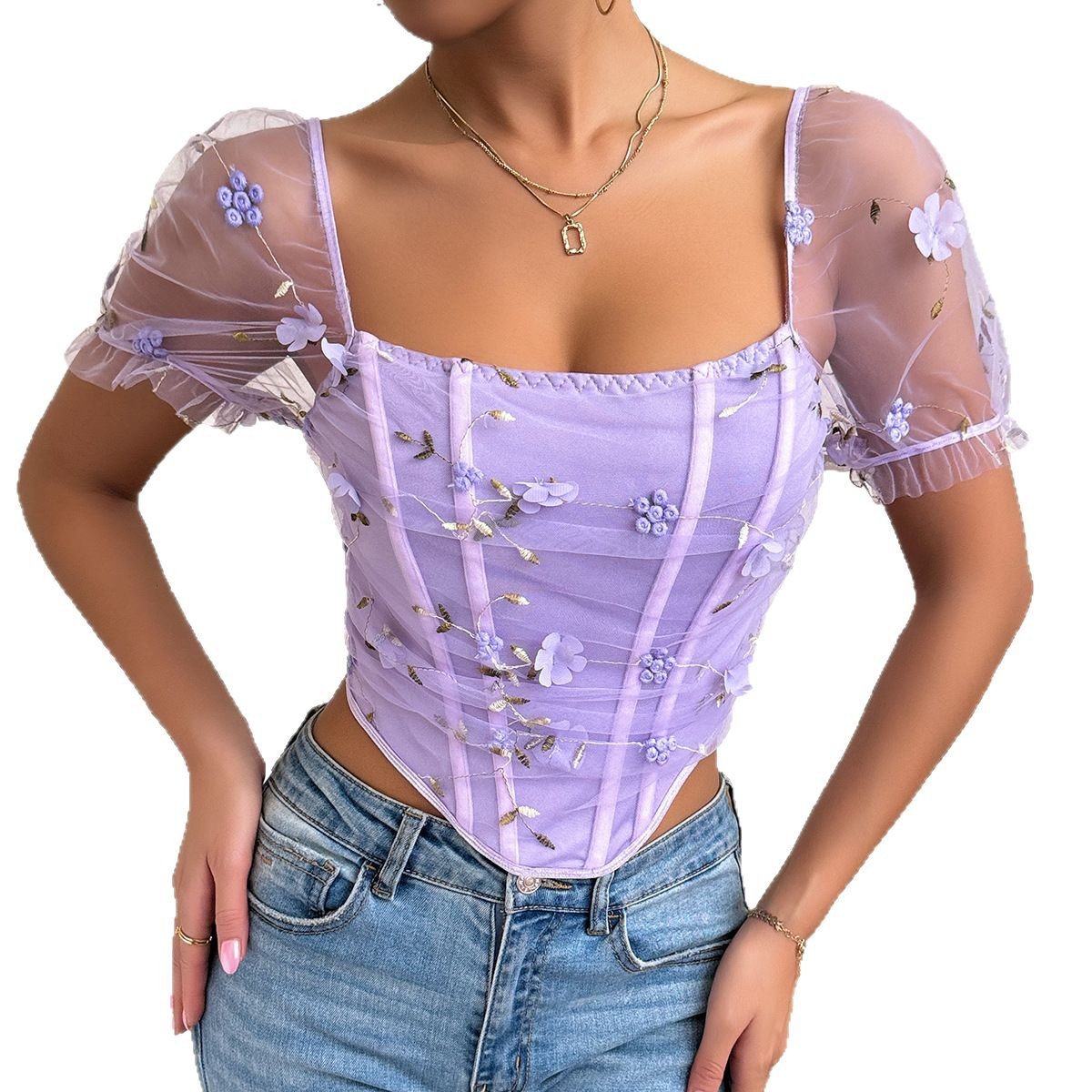 Embroidered Double-Layer Mesh Fishbone Slim-Fit Tank Top