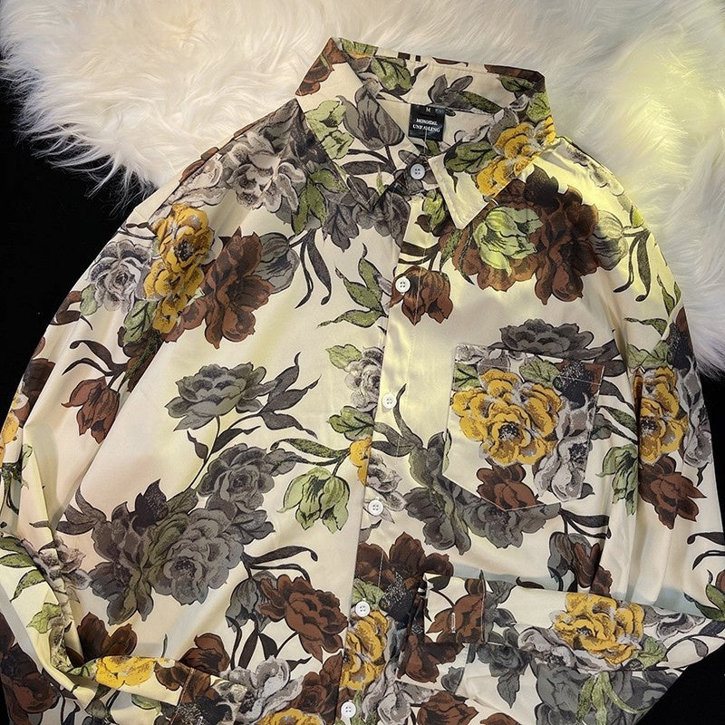 Pu Shuai Japanese-style Retro Hong Kong Style Printed Shirt Long Sleeve