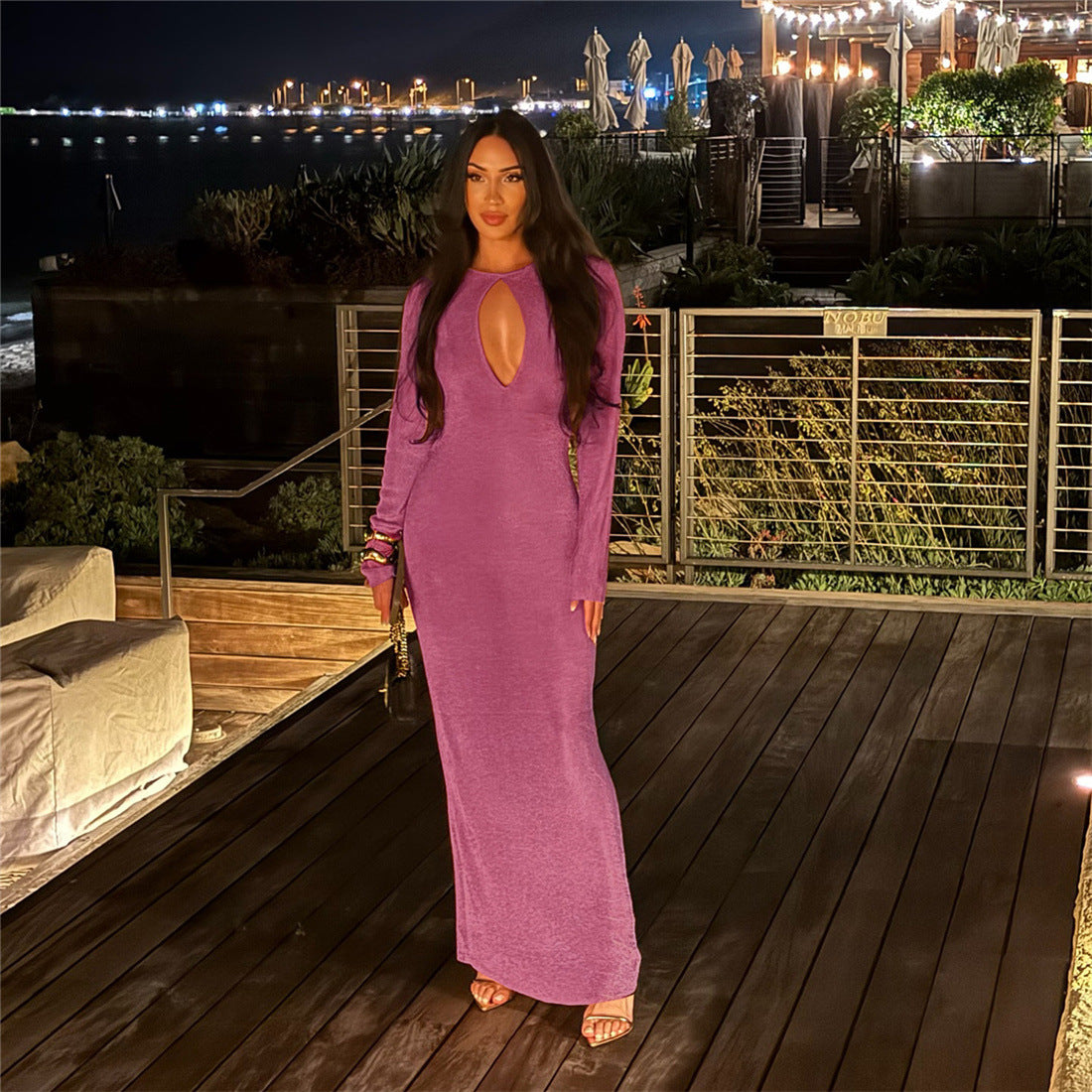 Forår Elegant Pendler Kjole Guldbelagt Sexet Udhulet Højtaljet Bodycon Slank Lang Kjole til Kvinder