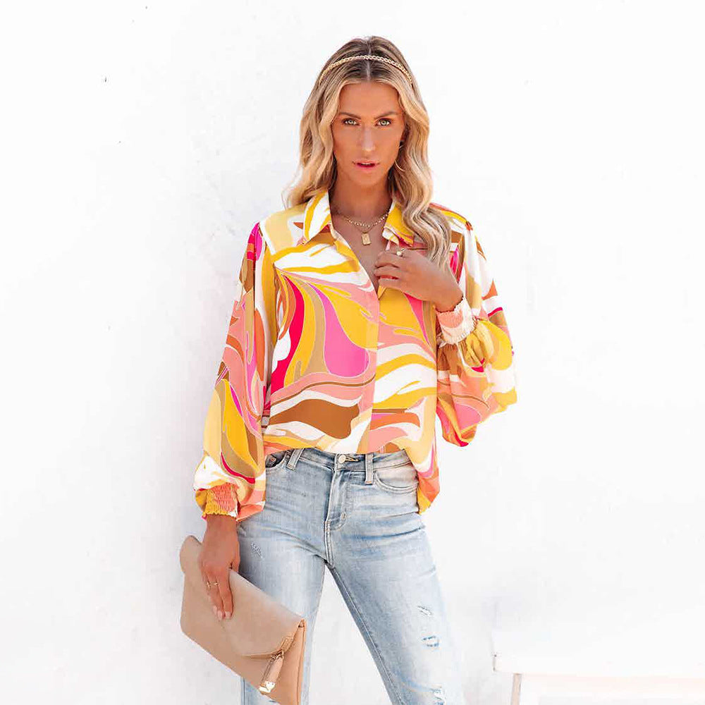 Lantern Sleeve Lapel Cardigan Casual Shirt For Women