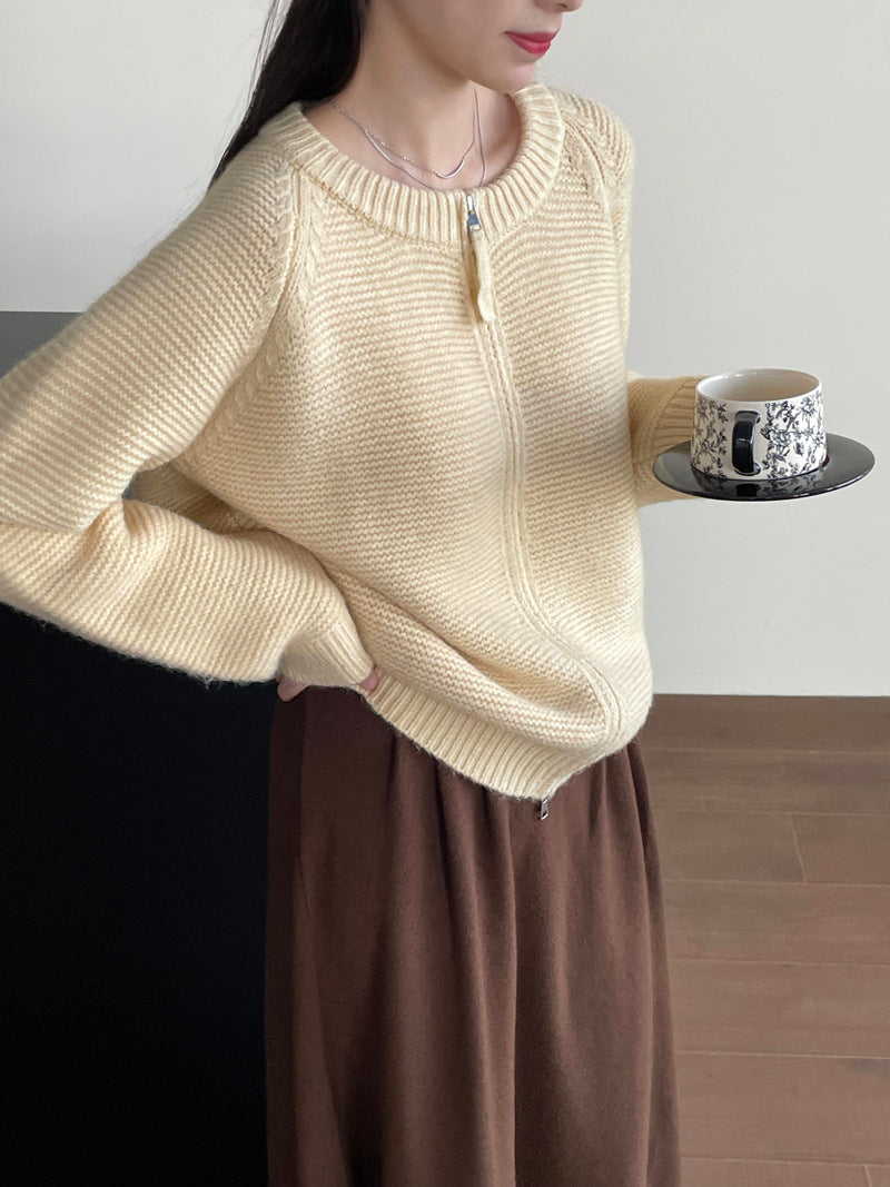 Sweater Double Zipper Sweater For Women Loose And Lazy Style Crew Neck Coat