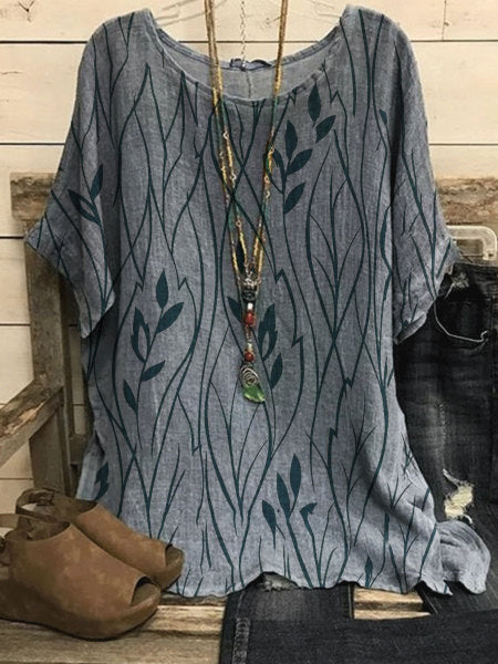 Women's Round Neck Printed Loose Cotton Linen T-shirt Top