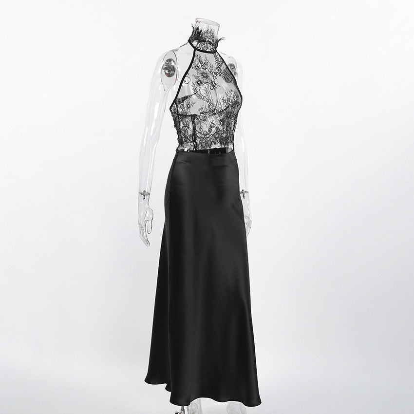 Black Lace Sheer Halter Top And Satin High-waisted Skirt Two-piece Set
