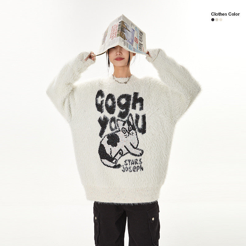 American Cartoon Kitten Plush Round Neck Sweater