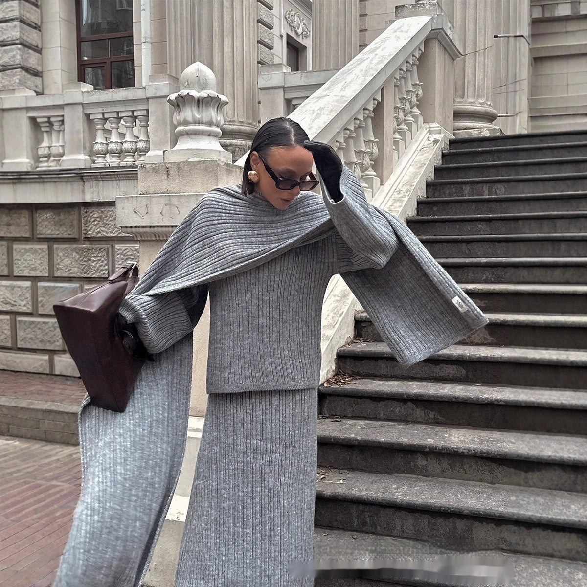 Crew Neck Pullover Sweater Skirt With Scarf Three-piece Set