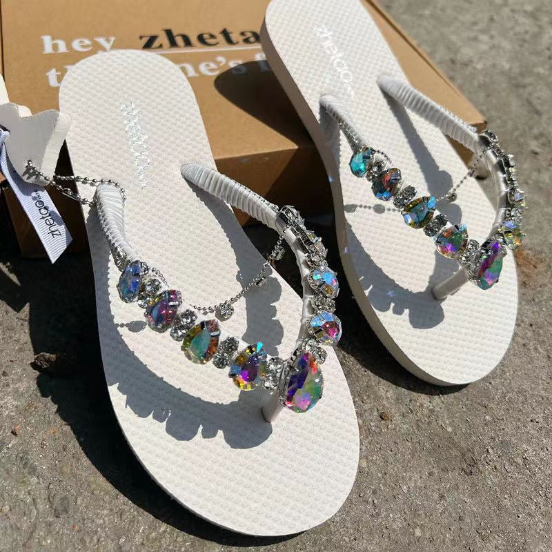 Women's Fashion Casual Color Blocking Glass Peach Heart Rhinestone Flip-flops