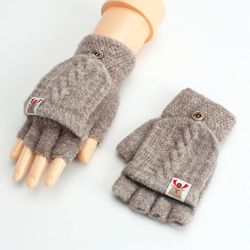 Thin Woolen Knitted Solid Color Clamshell Half-Finger Gloves