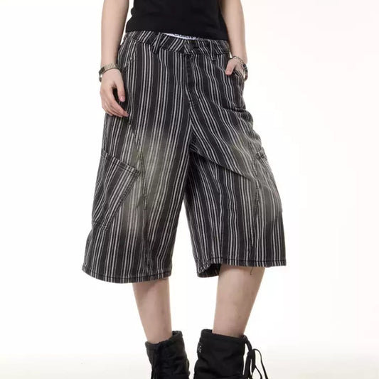 Retro Distressed Striped Cropped Trousers Women's Wide Leg