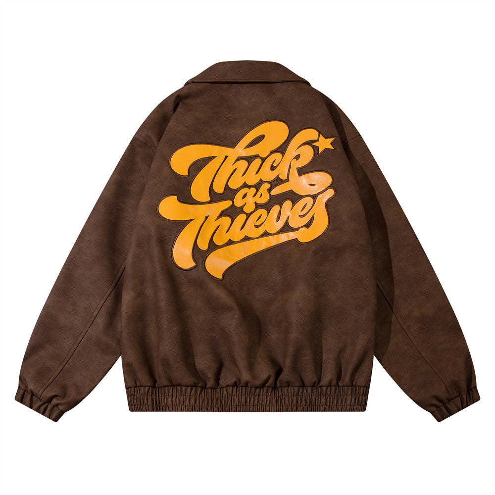 Embroidered Letters Pu Leather Coat Men