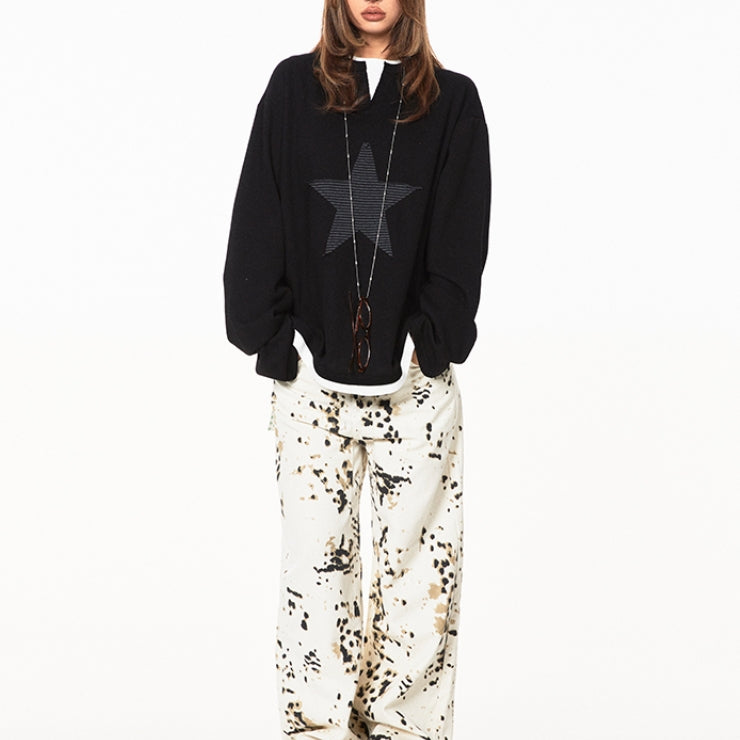 American Retro Fake Two-piece XINGX Patch Sweater