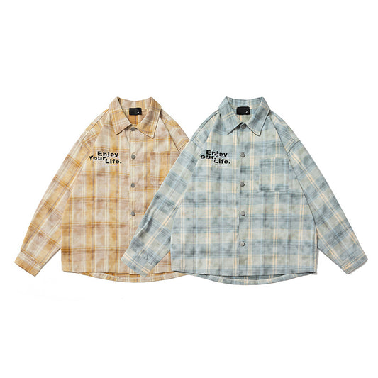 American-style Retro Alphabet Embroidered Plaid Long-sleeved Shirt