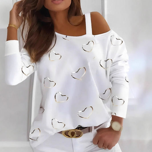 Hjerteprint Skulderløs Sexet Langærmet Pullover T-shirt til Kvinder