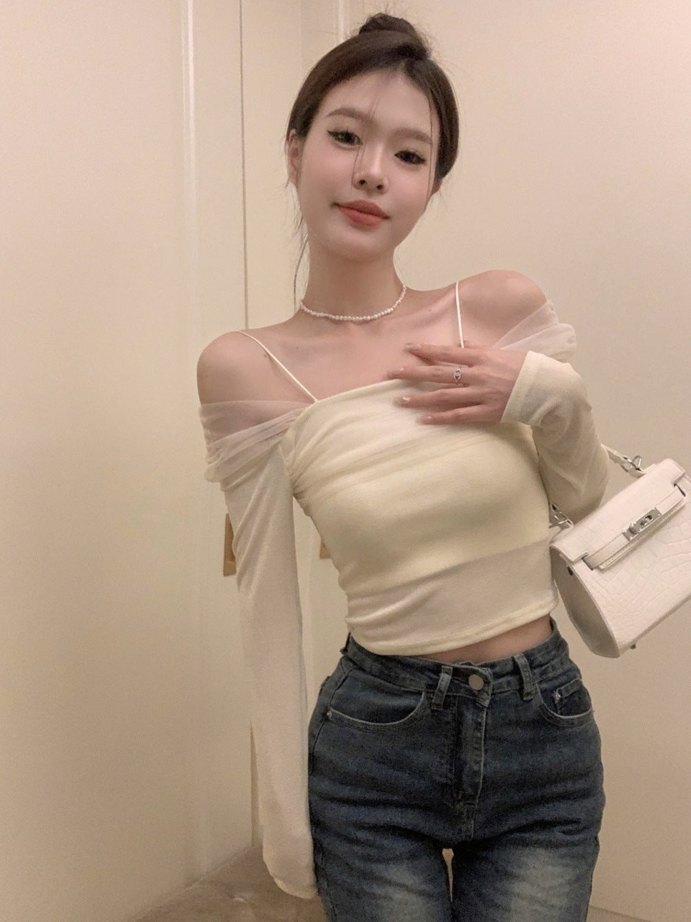 French Mesh Off-shoulder Long Sleeve Top