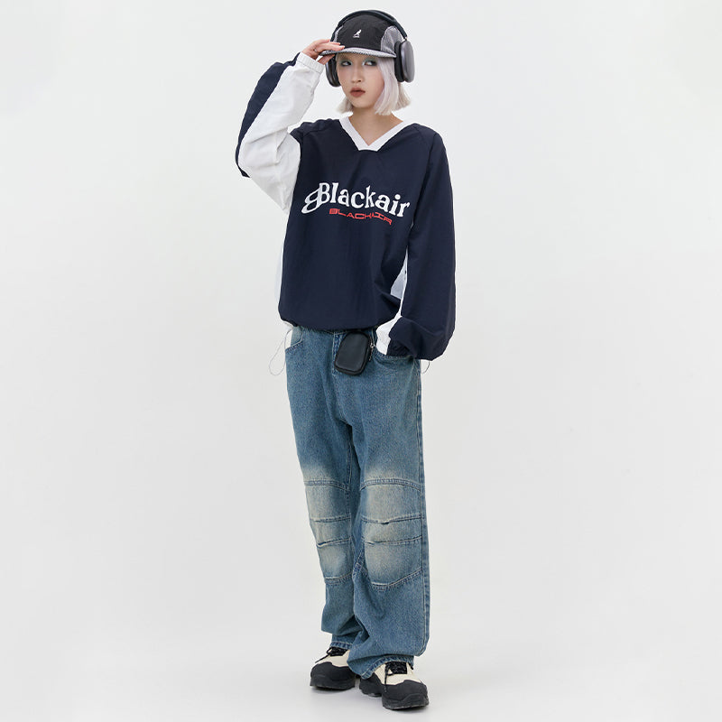 Letter V-collar Contrast Color Couple Long Sleeve Pullover Hoodie