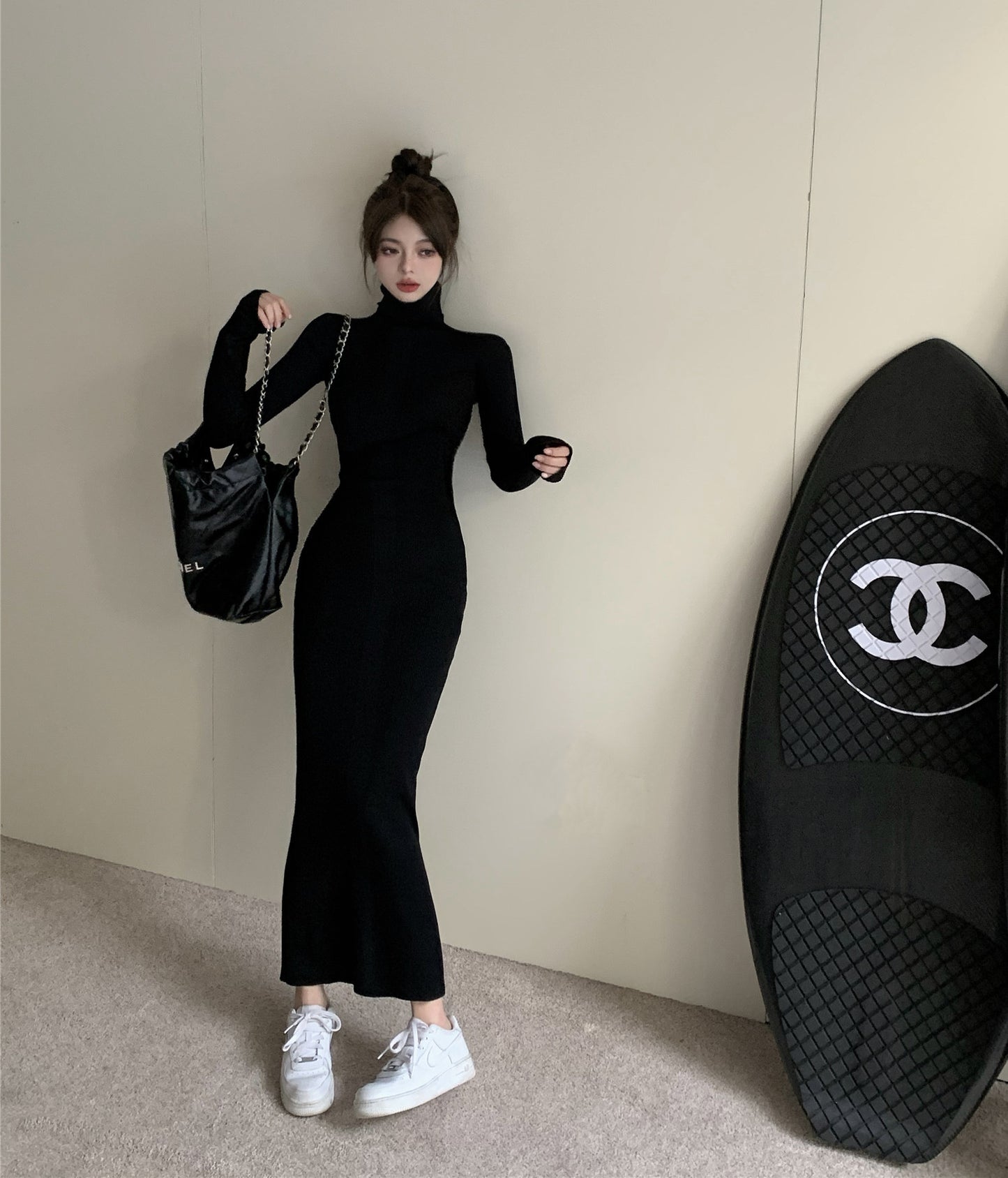 Womens Slim-Fit Knitted Turtleneck Maxi Dress
