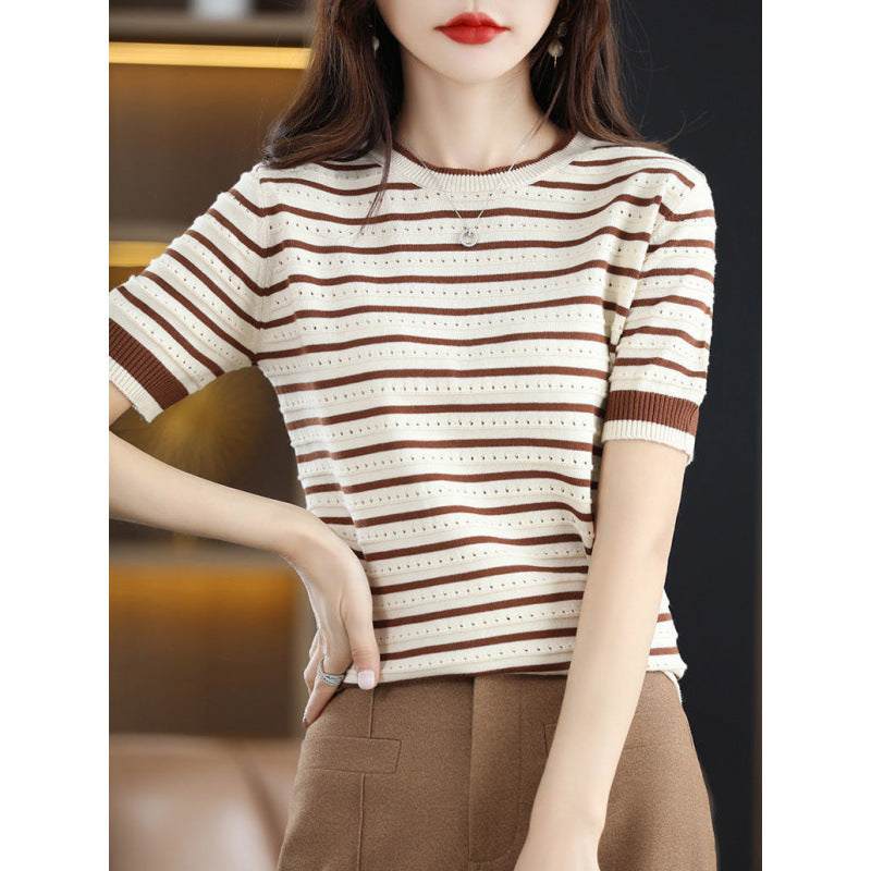 Loose Color Matching Striped Hollow Knitted Shirt