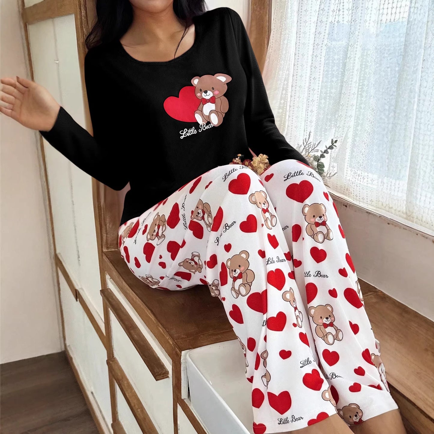 Womens Crew-Neck Bear And Heart Print Long-Sleeve Pajama Set With Long Pants