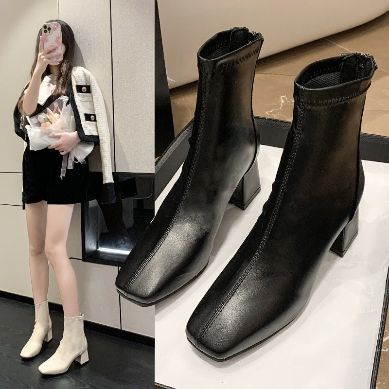 Fashion New Thick Heel Women's Martin Boots Square Toe Short Tube