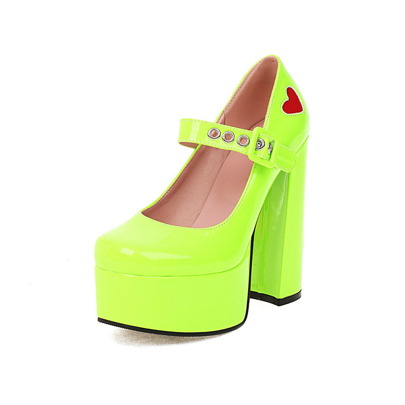 Patent Leather Heart Style Square Toe Thick-soled Chunky French High-heeled Shoes